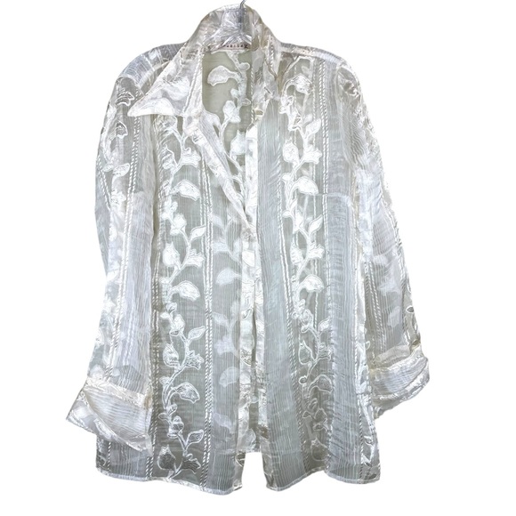 Marisak Cream Transparent One Button Cuffed Embroidered Blouse Size XL - Picture 4 of 11